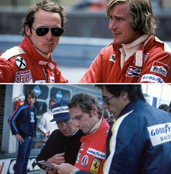Top: Lauda & Hunt Bottom: Lauda with his Ferrari manager (in blue jacket)