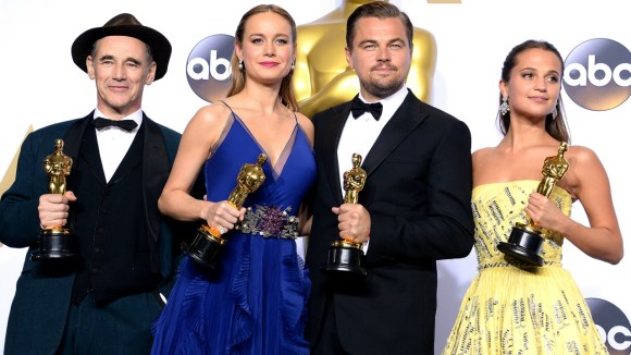 poses in the press room during the 88th Annual Academy Awards at Loews Hollywood Hotel on February 28, 2016 in Hollywood, California.